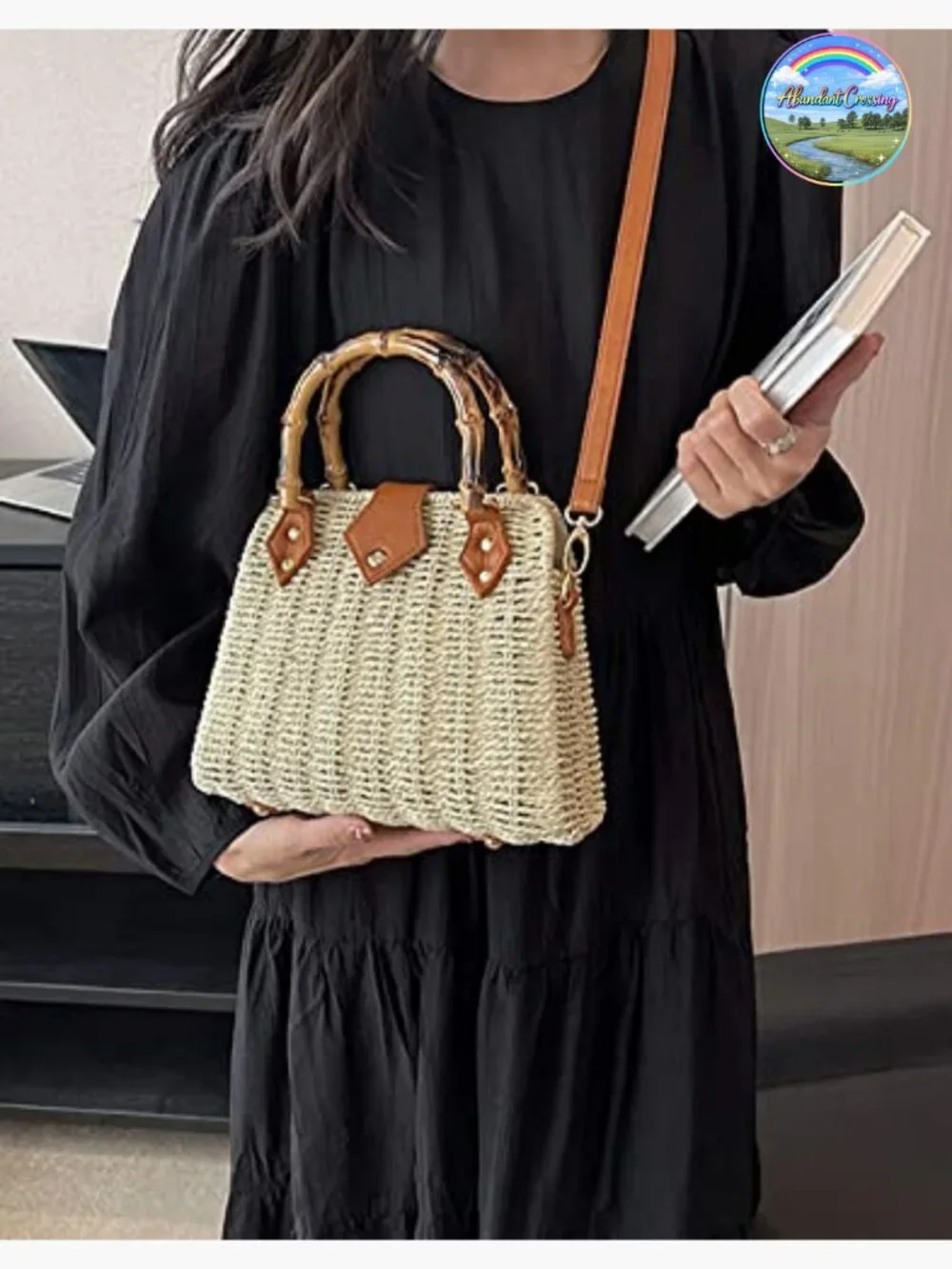 Handwoven Straw Crossbody Bag Bamboo Handle Hobo Shoulder Purse